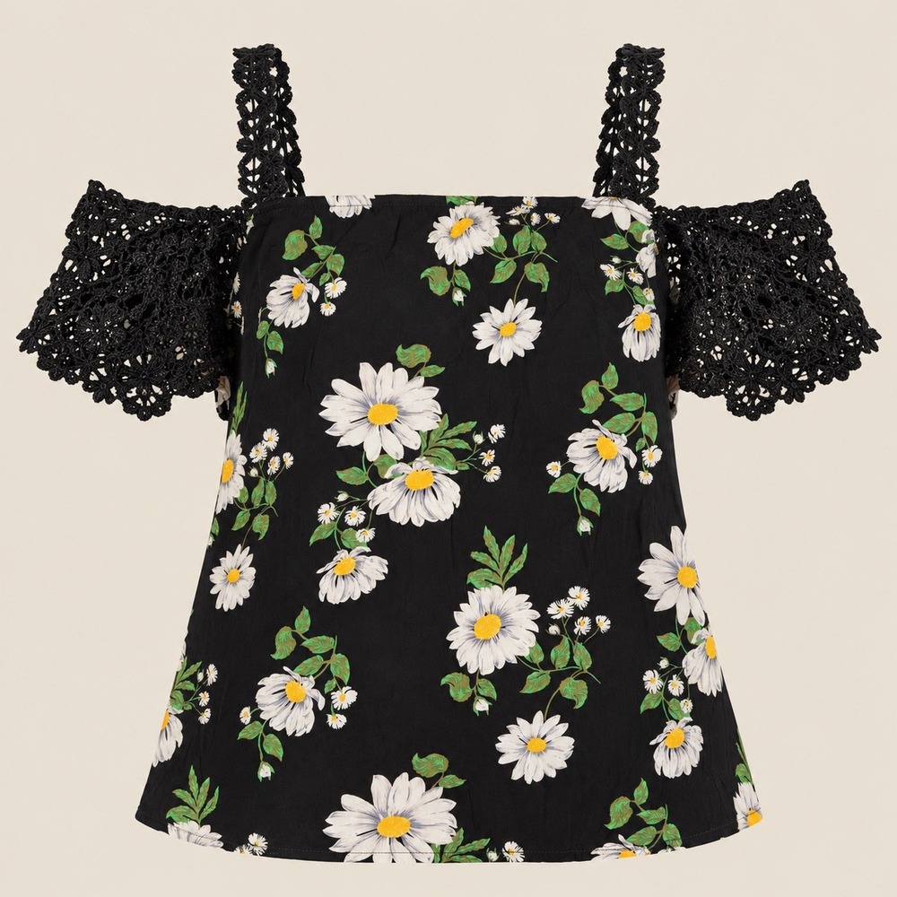 Shein Womens 3XL Daisy Floral Cold Shoulder Crochet Lace Trim Blouse Black Top